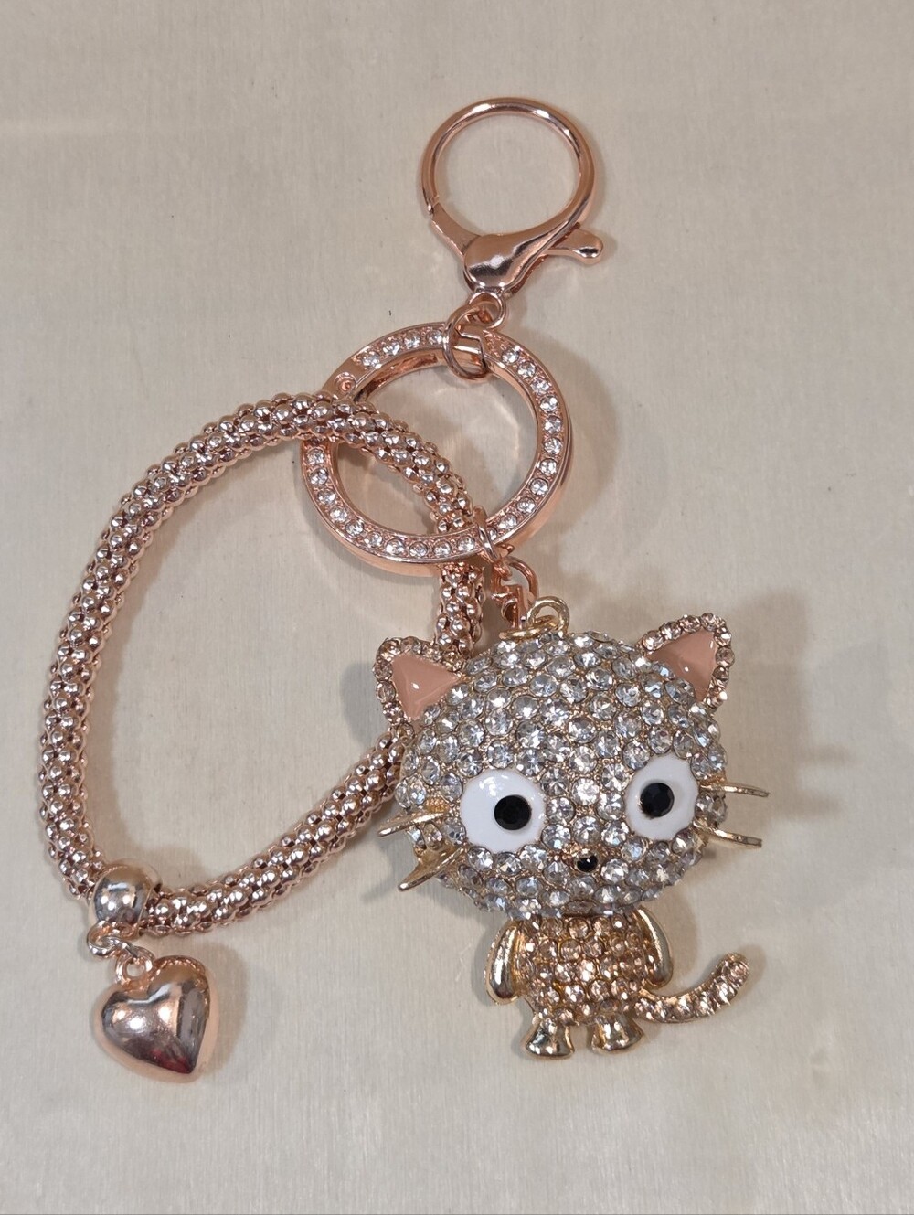 NWT 🐱 Rose Gold Cat Rhinestone Crystal Bling Wristlet Keychain Bag Charm